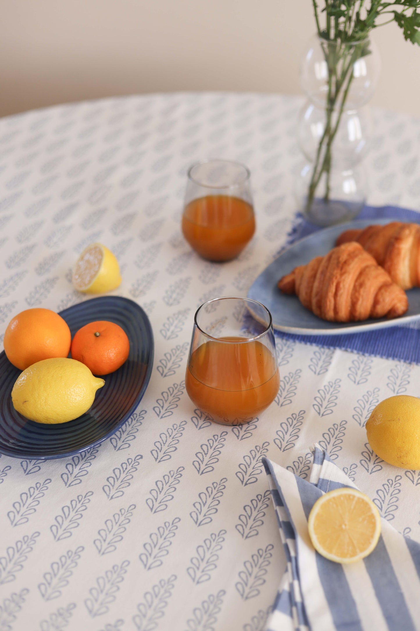 Tablecloth & Napkin Bundle - Indigo Vines + Ocean Stripes
